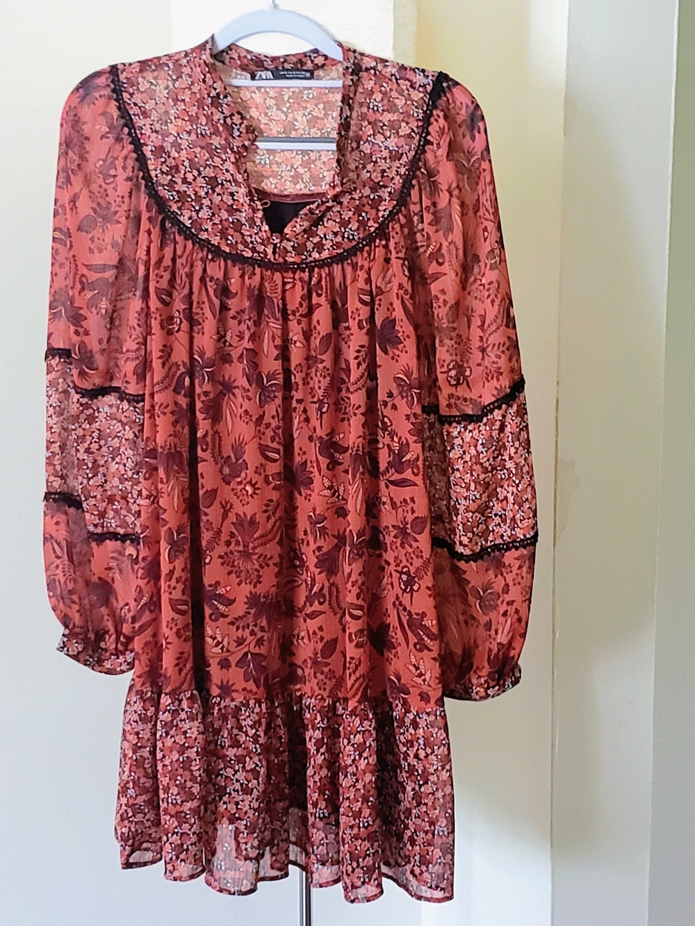 Zara Women's Rust Floral Sheer Long-Sleeve Tunic / Mini Dress